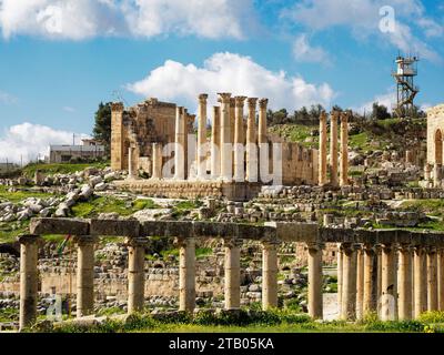 Säulen auf der Oval Plaza in der antiken Stadt Jerash, die vermutlich 331 v. Chr. von Alexander dem Großen in Jordanien gegründet wurde Stockfoto