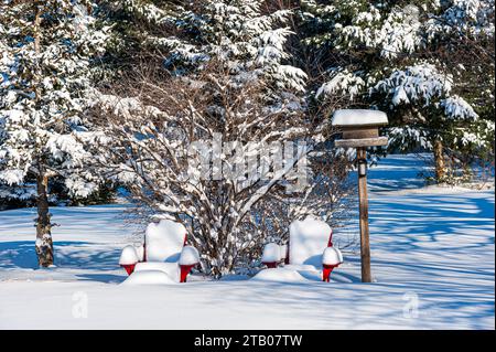 Zwei rote muskoka-Stühle im Schnee Stockfoto