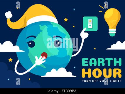 Happy Earth Hour Day Vektor Illustration mit Wolke, Glühbirne, Weltkarte und Zeit, um in flachem Cartoon Hintergrund Design abzuschalten Stock Vektor