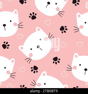Nahtloses Muster mit niedlichen Katzen-, Pfotenmuster und Herzen. Vektorillustration auf rosa Hintergrund. Stock Vektor
