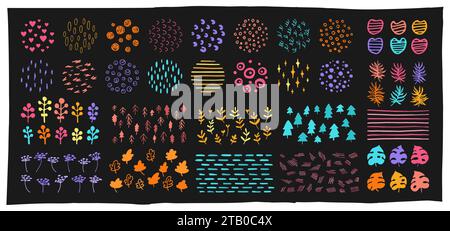 Abstrakte Grunge-Formen und Kritzelobjekte Malset. Trendige Markierer, gekrümmte Skizzenlinien Textur. Handgezeichneter Tintenpinsel mit grafischen Kurvenmustern. Verzierung isolierter Vektor-Illustration Stock Vektor