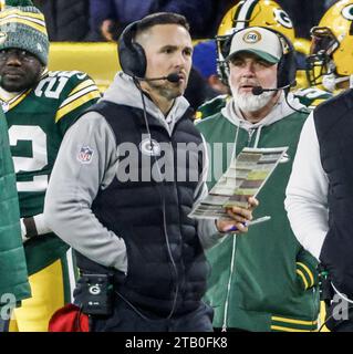 Green Bay, Usa. Dezember 2023. Matt LaFleur, Cheftrainer der Green Bay Packers, läuft am Sonntag, den 3. Dezember 2023, während des NFL-Spiels zwischen den Kansas City Chiefs und den Green Bay Packers im Lambeau Field an der Seitenlinie entlang. Foto: Tannen Maury/UPI Credit: UPI/Alamy Live News Stockfoto