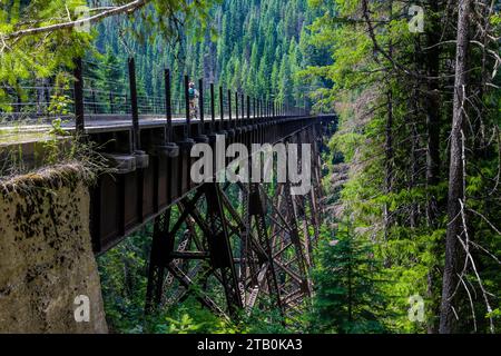 Bear Creek Trestle entlang der Milwaukee Road Route, jetzt auf dem Hiawatha Scenic Bike Trail, Montana und Idaho, USA Stockfoto