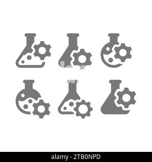 Laborglas oder Reagenzglas und Zahnradsymbol. Forschung, Bioengineering-Vektorsymbole. Stock Vektor