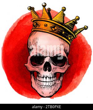 Menschlicher Schädel in goldener Krone. Handgezeichnete Tinte und Aquarellskizze Stockfoto