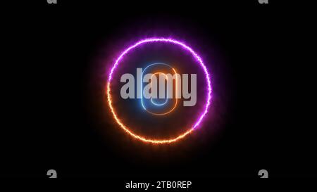 Zahl Null leuchtet im dunkelorangefarbenen blauen Neonlicht Stockfoto