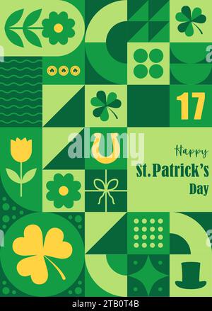 St. Patrick Day Poster. Vintage-Postkarte mit geometrischem Design in Neo-Optik und grünen Primitivformen. Retro-festlicher Hintergrund für irische Feiertage. Vektor Stock Vektor