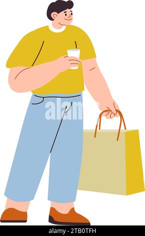 Einkaufsmann trinkt Kaffee und hält Tasche in der Hand Stock Vektor