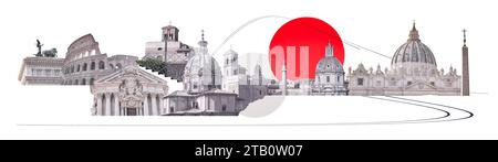 Collage der berühmten Wahrzeichen Roms. Das moderne Kunstdesign bietet den besten Blick auf Rom, Italien und Europa. Stockfoto