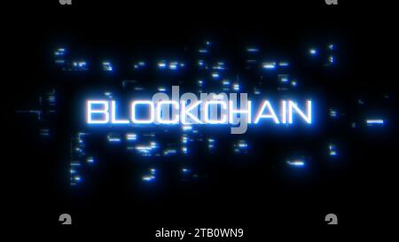 Blockchain-Wort-Overlay mit digitalem Fehler Stockfoto