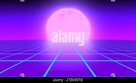 Retro futuristisches neonblaues 3D-Raster mit Mond im Hintergrund Stockfoto