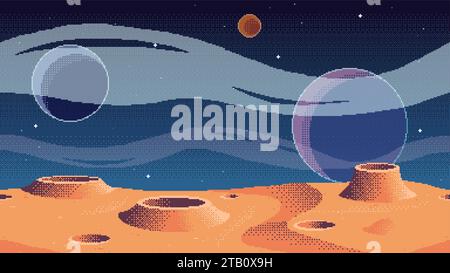 Pixelbild Planet Oberflächenhintergrund. Kosmischer Spielort. Illustration des nahtlosen Vektors des Weltraums Stock Vektor