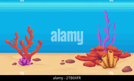 Pixelgrafik im Unterwasserhintergrund für Spiele oder mobile App. Meeresboden mit Korallen und Algenvektorillustration. Nahtlos bei horizontaler Andockung Stock Vektor