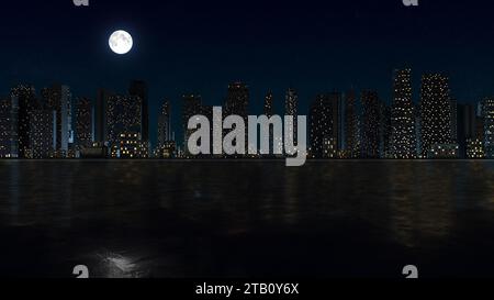 Der Mond über der Stadt spiegelt sich im Wasser Stockfoto