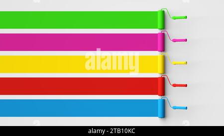 Malerpinsel mit leuchtenden Farbspuren auf weißem Hintergrund. Auswahl der richtigen Farbe für das Konzept der inneren Wandmalerei. Abstrakte 3D-darstellung Stockfoto