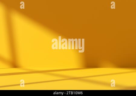 Leerer gelber Raum mit Fensterschatten. Abstrakte Hintergrundvorlage für Studio für Produktpräsentation und -Darstellung. 3D-Rendering. Stockfoto
