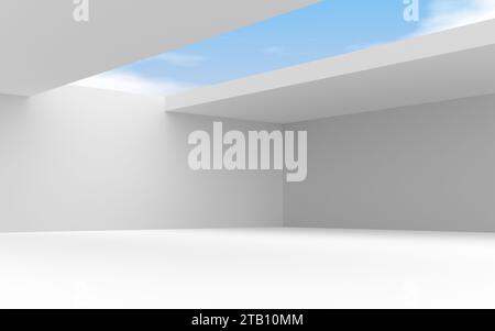 Abstraktes futuristisches Architekturdesign mit offener Decke, weißen Wänden und bewölktem Hintergrund. 3D-Rendering. Stockfoto