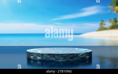 Runde Plattform aus blauem Marmor auf blauem Glastisch mit verschwommenem Hintergrund am Strand. Modell für Produktanzeige. 3D-Rendering. Stockfoto