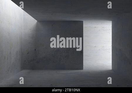 Grunge-Stil abstrakter architektonischer Freiraumhintergrund mit grauen Gipswänden. 3D-Rendering. Stockfoto