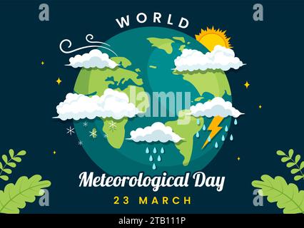 World Meteorological Day Vector Illustration am 23. März mit Erdkarte, Meteorologie Wissenschaft und Forschung Wetter im flachen Zeichentrickhintergrund Stock Vektor