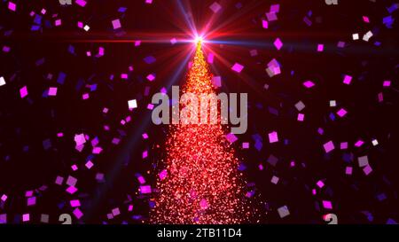 Abstrakte Partikel glühender roter Weihnachtsbaum mit Konfetti-Hintergrund Stockfoto