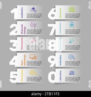 Infografiken mit Bioengineering-Themensymbolen, 10 Schritte. Wie Antibiotika, Molekularbiologie, Chromosomen, Nanotechnologie und vieles mehr. Stock Vektor
