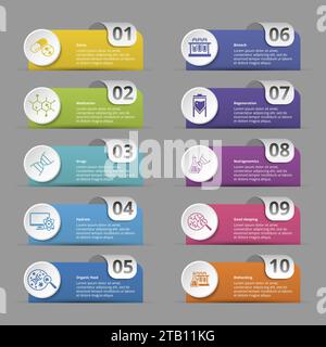 Infografiken mit Bioengineering-Themensymbolen, 10 Schritte. Wie Antibiotika, Molekularbiologie, Chromosomen, Nanotechnologie und vieles mehr. Stock Vektor