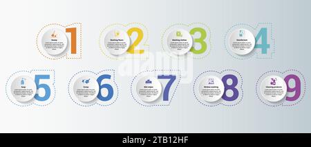 Infografiken mit Bioengineering-Themensymbolen, 10 Schritte. Wie Antibiotika, Molekularbiologie, Chromosomen, Nanotechnologie und vieles mehr. Stock Vektor