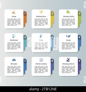 Infografiken mit Bioengineering-Themensymbolen, 10 Schritte. Wie Antibiotika, Molekularbiologie, Chromosomen, Nanotechnologie und vieles mehr. Stock Vektor