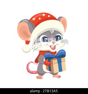 Niedliche kleine glückliche Maus im Weihnachtsmann-Hut mit Silvestergeschenk mit Schleife. Vektor-Illustration zum Weihnachtsthema mit einem Cartoon-Nagetier. Merr Stock Vektor
