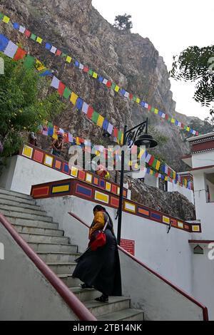 Stufen führen zum Dungeshwari Höhlentempel, geschmückt mit bunten tibetischen Gebetsfahnen, Pragbodhi Hills, Bihar Stockfoto