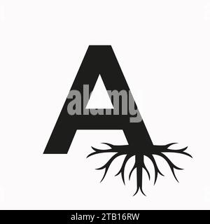 Root-Logo auf Buchstabe A, Vektorvorlage für ökologisches Dachsymbol Stock Vektor
