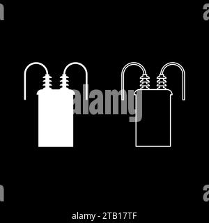 Elektrischer Transformator Hochspannungs-Umspannwerk Energie Set Symbol weiß Farbe Vektor Illustration Bild einfache Vollfüllung Kontur Linie dünn Stock Vektor