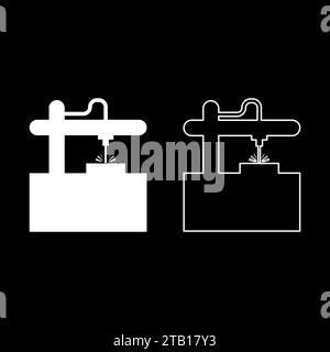 Laser-CNC-Maschine für Gravurgerät Ausrüstung zum Schneiden verwenden Strahlsatz Symbol weiße Farbe Vektor Illustration Bild einfache feste Füllung Umriss Stock Vektor