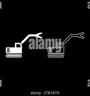 Sloopkraan Baumaschine Abbruch Schneiden Messer Kran LKW Set Icon weiß Farbe Vektor Illustration Bild einfache feste Füllung Umrisskontur Stock Vektor