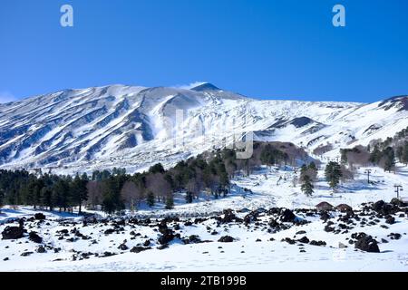 Verschneite Ätna Nord-Ost-Krater ab Piano Provenzana, Sizilien, Italien Stockfoto