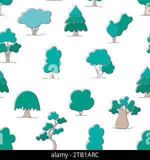 Verschiedene Bäume nahtloses Muster. Waldhintergrund. Sommer Natur Druck mit Bäumen und Büschen, Vektor Illustration Cartoon Stil Stock Vektor