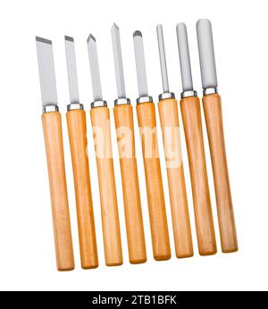Satz von Schnitzelwerkzeugen isoliert auf weißer Rückseite Stockfoto
