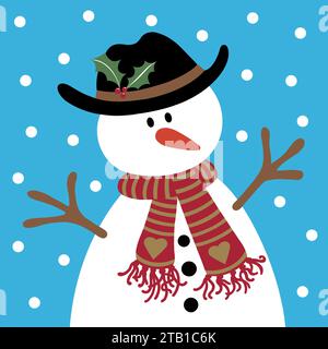 Niedlicher Cartoon-Schneemann an einem verschneiten Tag. Weihnachtsdesign mit Schneemannsdesign. Er trägt einen Hut und einen kuscheligen gestreiften Schal, hat eine Karottennase und kleine Stabarme. Stockfoto