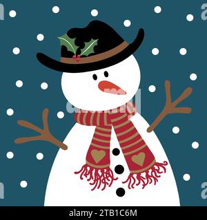 Niedlicher Cartoon-Schneemann an einem verschneiten Tag. Weihnachtsdesign mit Schneemannsdesign. Er trägt einen Hut und einen kuscheligen gestreiften Schal, hat eine Karottennase und kleine Stabarme. Stockfoto