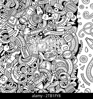 Cartoon niedlichen Kritzeleien Fahrzeug Frame-Karte. Line Art detailliert, mit vielen Objekten Hintergrund. Alle Objekte getrennt. Grenze mit Autos Symbole und Gegenstände Stock Vektor