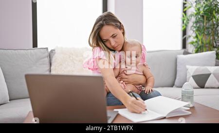 Ganz bequem zu Hause sitzt eine liebevolle Mutter auf dem Sofa und arbeitet an ihrem Laptop, während die kleine Tochter leise in der Nähe studiert. Eine wunderschöne Familienmutter Stockfoto
