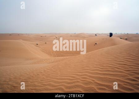 Al Qudra leeres Viertel nahtlose Wüste sahara in Dubai VAE im Nahen Osten mit Windwegen und Sandhügeln unter grauem bewölktem Himmel Stockfoto