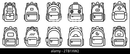 Rucksack-Umrisssymbol. Set mit schwarzen linearen Rucksack-Symbolen. Isolierte Rucksack-Symbole. Vektorabbildung. Stock Vektor