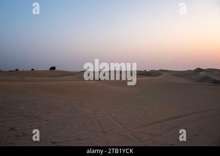 Al Qudra leeres Viertel nahtlose Wüste sahara in Dubai VAE im Nahen Osten mit Windwegen und Sandhügeln bei Sonnenuntergang Stockfoto