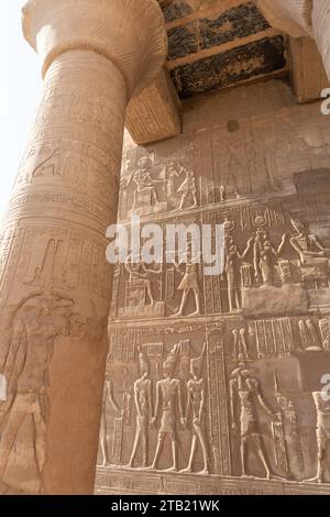 Ägyptische Hieroglyphen an Wand und Säule im KOM-Ombo-Tempel Stockfoto