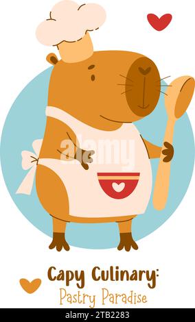 Süßer Capybara-Koch mit Löffel. Lustige Capibara-Figur. Vektorabbildung in abgewickelter Form. Coole Karte mit Tiernagetier für Karten, Design, Druck, Kind Stock Vektor
