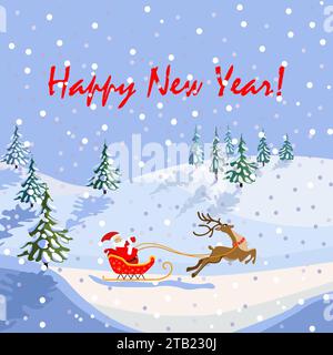 Glückwunschkarte für das neue Jahr, weihnachtsmann auf einem Schlitten mit Rentieren, nicht KI, handgezeichnet Stock Vektor