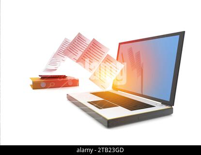 Dateiübertragung. Daten, Datei, Ordner mit Papierdateien. 3D-Abbildung Stockfoto