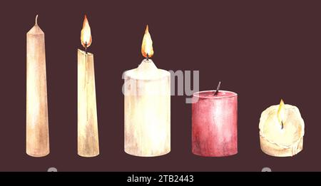 Aquarellset brennende und gelöschte rote Wachskerzen mit weißem Ende und handgezeichneter Illustration. Kerzenlicht Clipart für Karten, Innenräume Stockfoto
